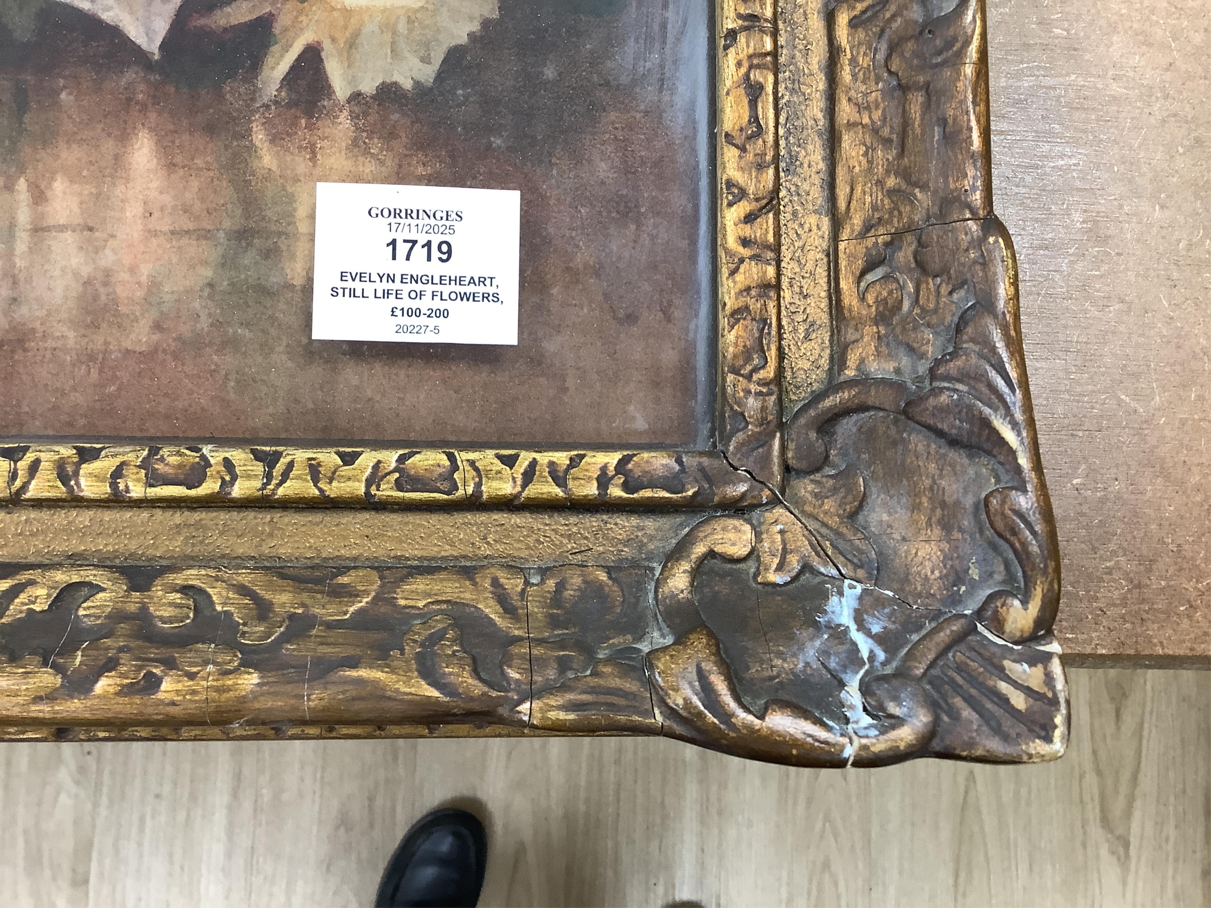 Evelyn Engleheart, Still life of flowers, signed, partial Army & Navy stores label verso, watercolour, 36 x 52cm